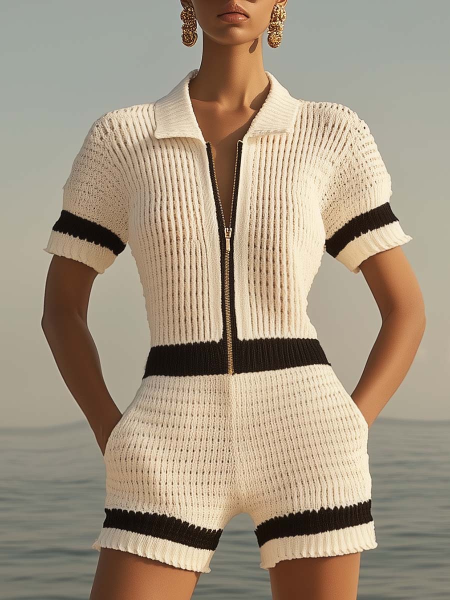 【24-hour shipping out】Breathable Fashion Front Zipper Short Sleeve Knit Shorts Jumpsuit