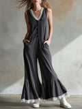 Casual Retro White Lace Dark Gray Cotton Blend Button Sleeveless Jumpsuit