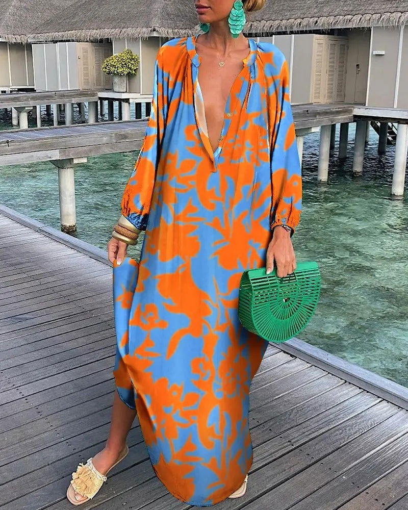 Fall Printed Pullover Long Sleeve Dress V neck Swing Loose Jumpsuit