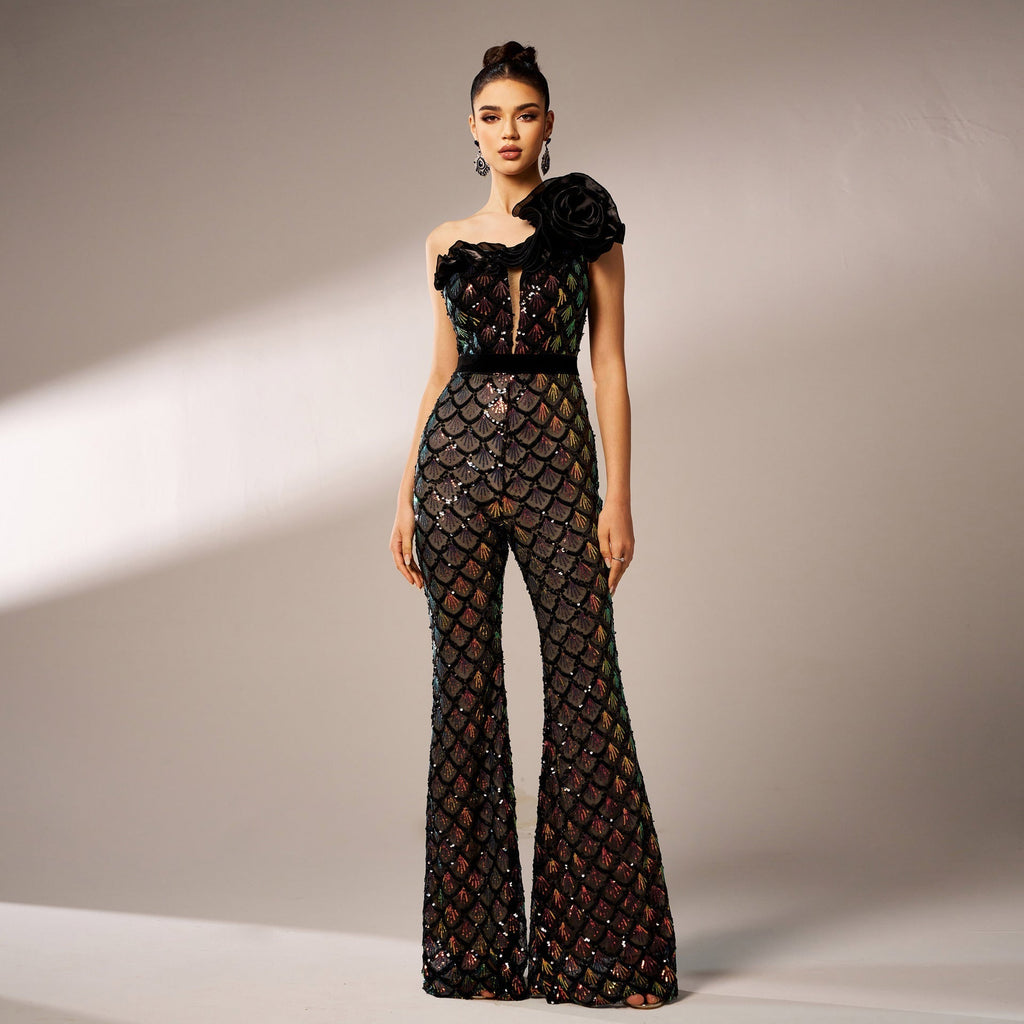 High Grade One Shoulder Diagonal Collar Cocktail Sequ Slim Fit Evening Dress Bridesmaid Dress Jumpsuit