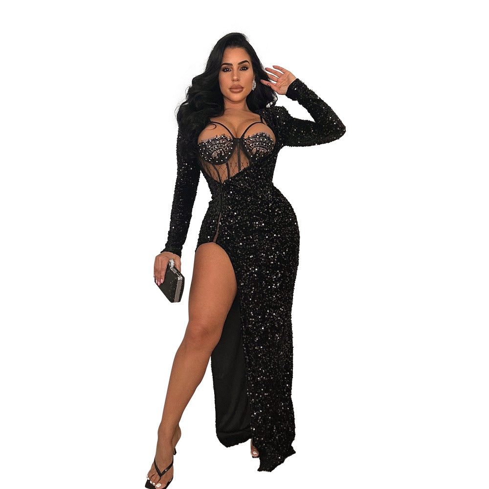Solid Color Sequ Slit Maxi Dress Including Jumpsuit Two Piece Set Dress