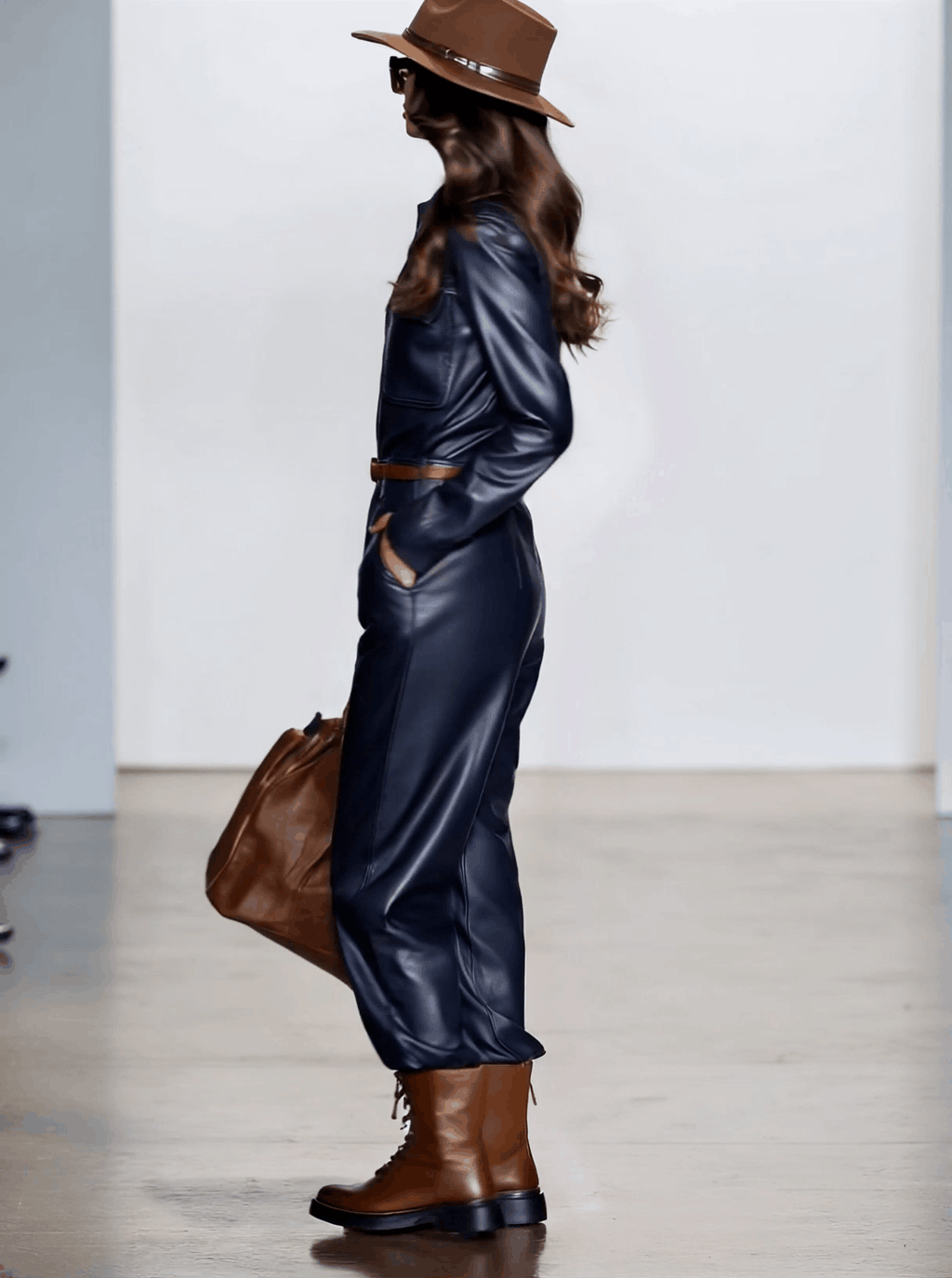 Casual Retro Dark Blue Faux Leather Long-Sleeved Lace-Up Wide-Leg Jumpsuit