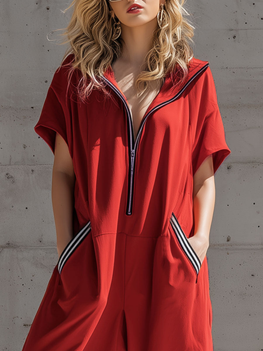 Sporty Retro Black And White Striped Red Cotton Blend Sleeveless Jumpsuit