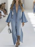 Daily Blue Shirt Collar Flare Long Sleeve Trimmings Casual Pocket Denim Jumpsuits