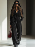【24-hour shipping out】Casual Loose Vintage Denim Elastic Waist Zipper Hooded Jumpsuit