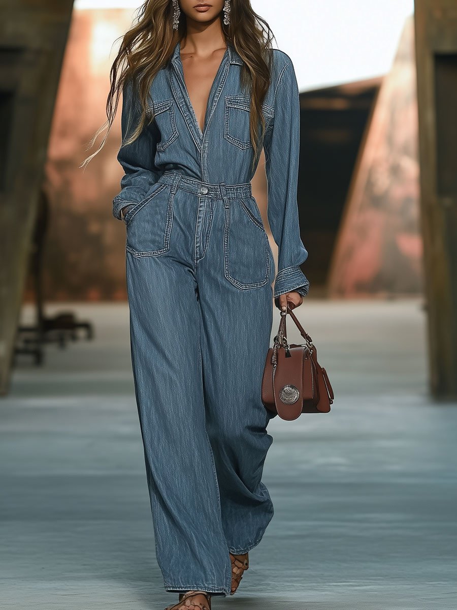 【24-hour shipping out】Casual Fashion Simple Retro Multi-Pocket Denim Long Sleeve Jumpsuit