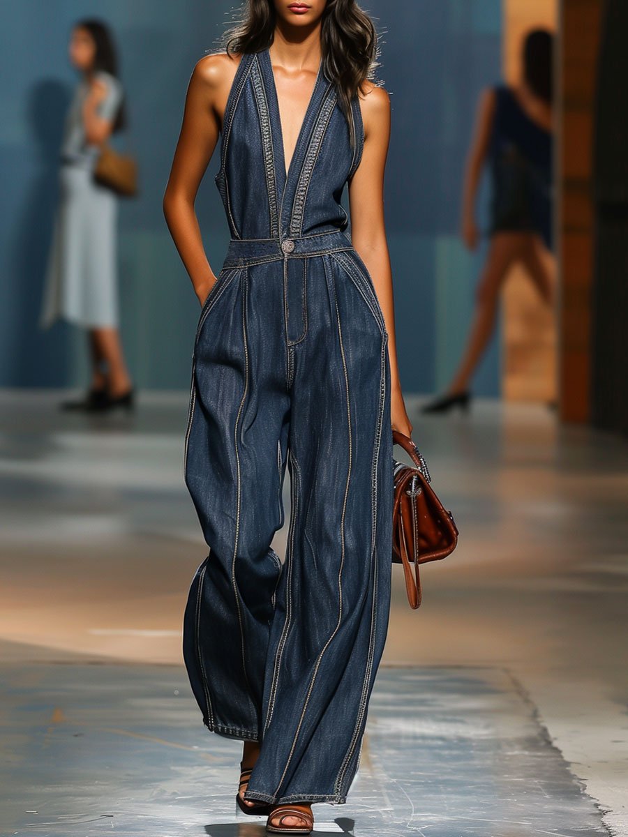 【24-hour shipping out】V-Neck Casual Retro Sleeveless Wide-Leg Denim Jumpsuit