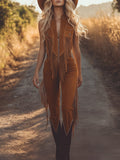 【24-hour shipping out】Western Fringed Brown Suede Vest Zip-Up Jumpsuit